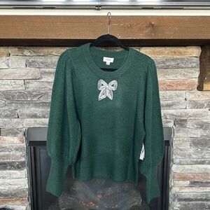 CeCe Forest Green Sweater with Silver Bow
